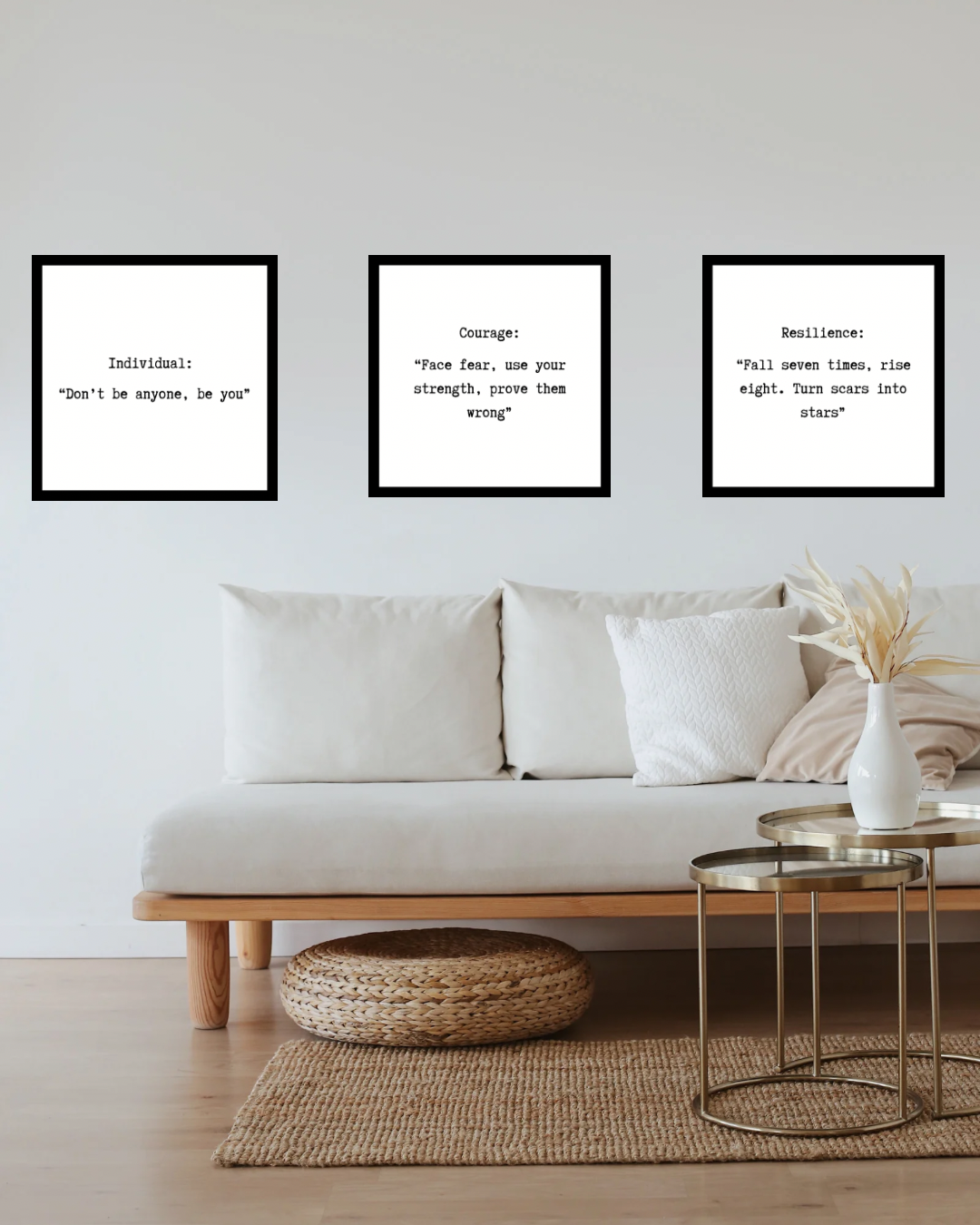 Minimalist Mindset Trio – Resilience, Courage & Individuality Quote Posters (3x A3 Digital PDF Bundle)