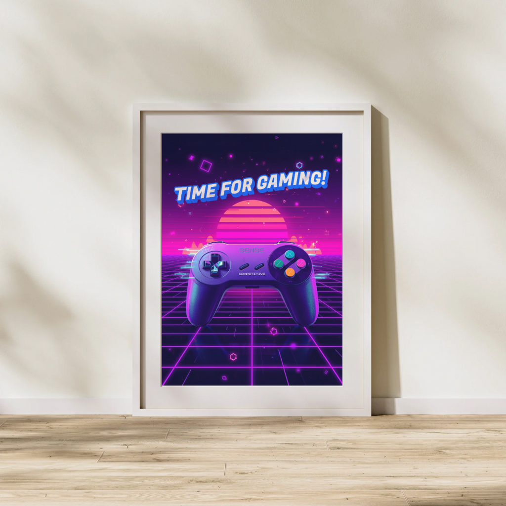 🎮 Time for Gaming – Neon Retro Poster (Digital PDF Download)