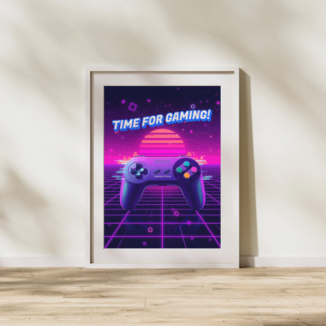 🎮 Time for Gaming – Neon Retro Poster (Digital PDF Download)