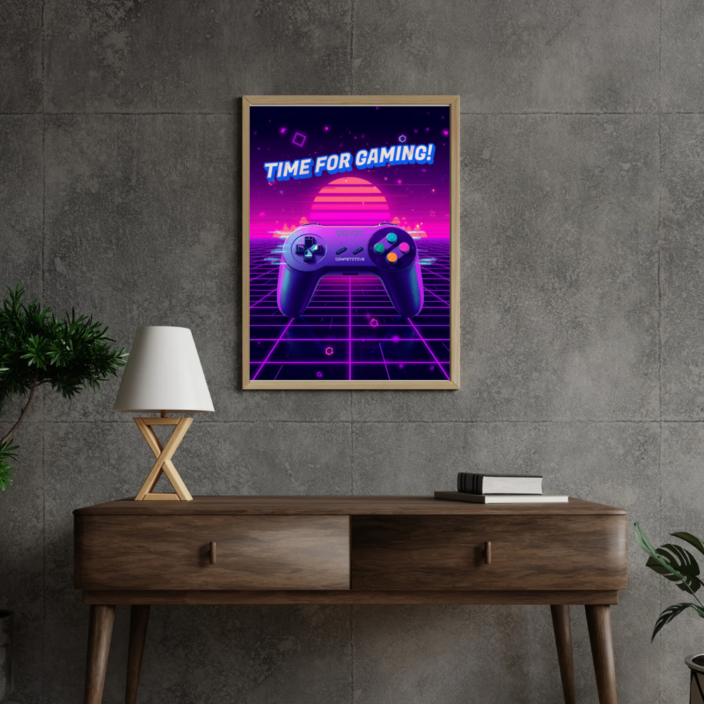 🎮 Time for Gaming – Neon Retro Poster (Digital PDF Download)