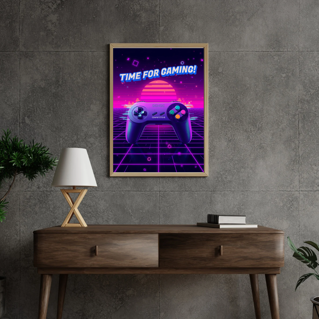 🎮 Time for Gaming – Neon Retro Poster (Digital PDF Download)